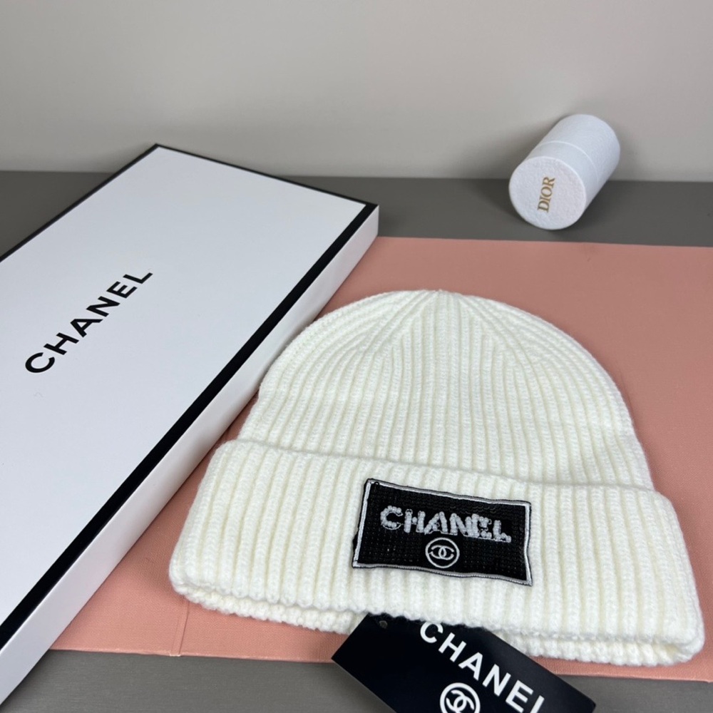 CHANEL Ivory Ribbed Beanie with Logo Patch